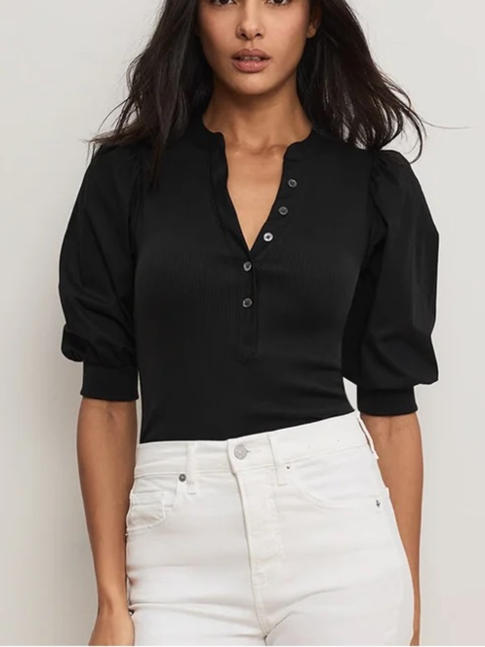 Veronica beard black pima cotton Coralee puff sleeve Henley top sz s